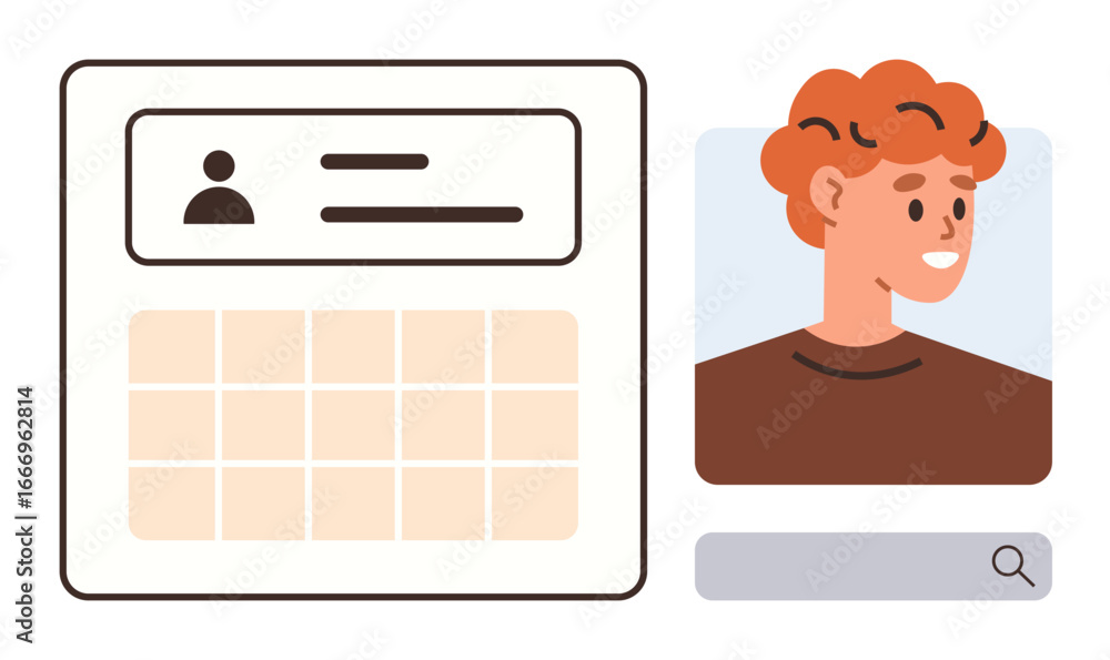 Poster user interface elements include a calendar, profile details, avatar, and search bar. ideal for sched