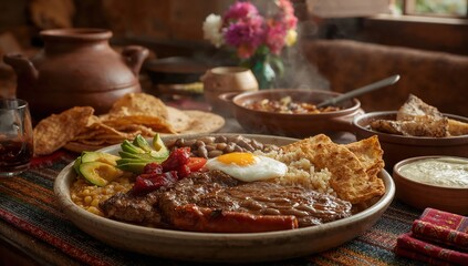 Rustic Colombian bandeja paisa platter with steak, chorizo, beans, and more
