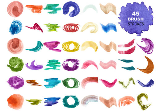 Vector collection of colorful watercolor brush strokes and splatters isolated on white background.