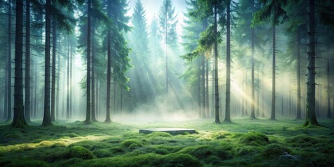 Mystical morning sunbeams pierce a fog-laden evergreen forest, illuminating a mossy clearing with a solitary stone slab