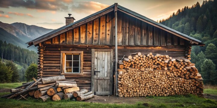 Rustic wooden cabin nestled in a mountainous landscape, featuring firewood stacks and a tranquil sunset