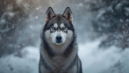 Naklejka premium Siberian husky stands tall in snowstorm with piercing blue eyes