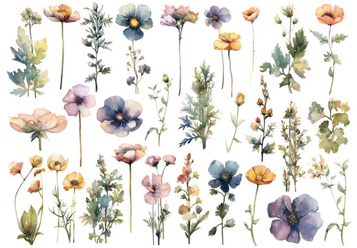Vector watercolor painted style - flowers clipart isolated on white background.