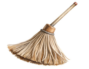 Artistic Watercolor Illustration of Vintage String Mop with Wooden Handle, Transparent Background