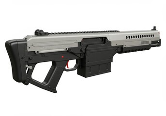 Futuristic bullpup firearm in grey and black offers innovative design and power