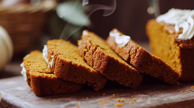 Slices of warm pumpkin bread with cream frosting, steam rising, showcasing a cozy kitchen atmosphere with rustic elements