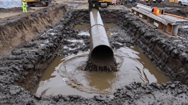 Muddy pipe construction hoisting trench water machinery industrial wet earth equipment, excavator lifting muddy pipe construction site with water