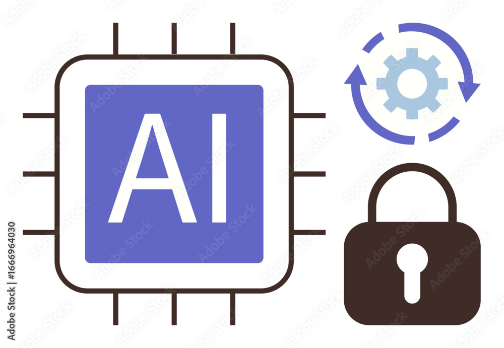 Poster ai processor, gear cycle for automation, and padlock for cybersecurity representation. ideal for ai,