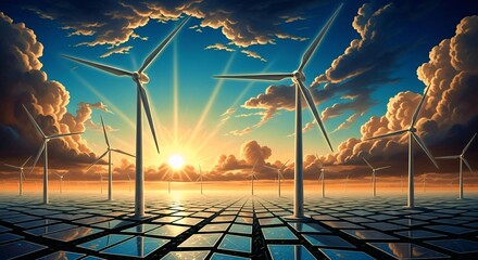 Wind turbines in a surreal landscape under a dramatic sunset sky