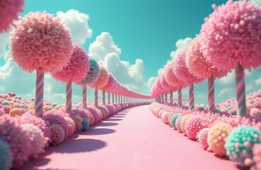 Whimsical candy-colored road winding through lollipop trees. Pastel pink, blue pastel trees line path creating sweet, playful dreamscape. Perfect for children themes, party decor, imaginative digital