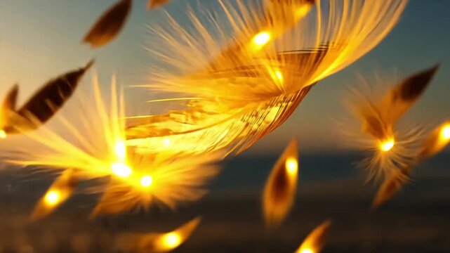 Golden phoenix feathers floating in the air - Motion animation