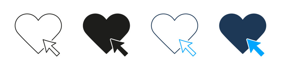 Heart With Cursor Line And Solid Icon Set. Online Interaction, Digital Engagement, And Social Media Like Symbol Collection. User Experience And Web Design Elements. Isolated Vector Illustration