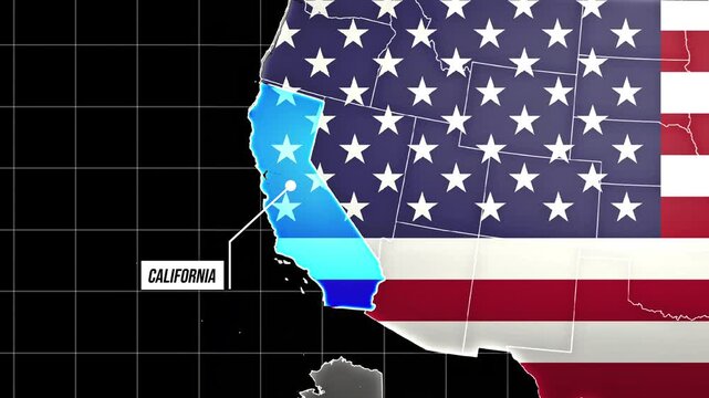 Animated USA Political Map Highlighting California (Blue) and Texas (Red) with American Flag