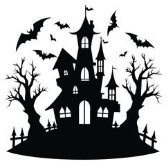 Black Silhouette of Spooky Haunted House with Bats, Bare Trees and Fence for Halloween