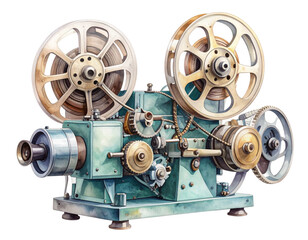 Artistic Watercolor Illustration of Vintage Style Movie Projector, Transparent Background