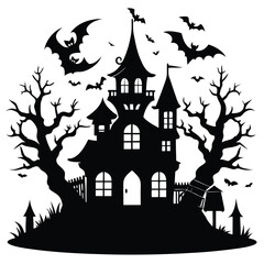 Spooky Halloween Haunted House Silhouette with Bats and Bare Trees Illustration