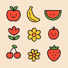 This adorable collection of vector fruit icons features a variety of bright and fresh designs, including popular fruits like apples, bananas, strawberries, watermelons, and more.