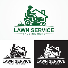 Minimalist Lawn Mower Service Logo Design Vector &ndash; House, Grass, Riding Mower Icon