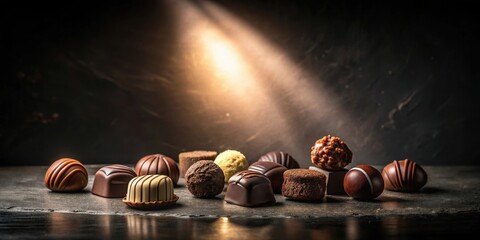 An assortment of delectable chocolate confections bathed in warm light, displayed on a dark stone surface.