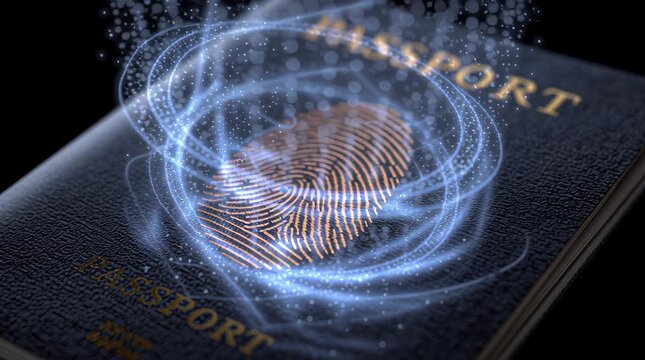 Engaging passport scene with a glowing fingerprint and swirling light effects, illustrating advanced security features and design elements