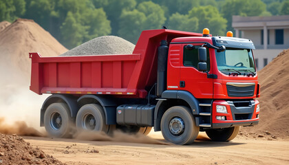 Obraz premium Red dump truck transports gravel at construction site. Heavy machinery moves materials on dirt road. Engineering, industry, building project work. Vehicle with aggregate load, dust kicking up.