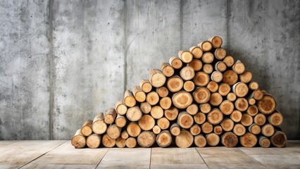 A rustic arrangement of neatly stacked logs against a concrete wall, ideal for interior design inspiration