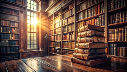 Sunlit Library Study Room with Stack of Antique Books on Wooden Table