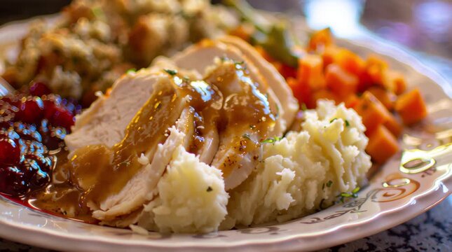 Delicious turkey dinner features tender slices with gravy, creamy mashed potatoes, stuffing, and colorful vegetables, showcasing a festive meal