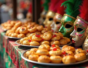 Assortment of carnival food treats arranged on platters alongside ornate masquerade masks. Delicious pastries, doughy snacks, baked goods with red cherry toppings displayed at festive market event.