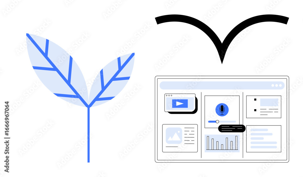 Aufkleber leaf with network pattern, abstract design element, and digital dashboard with charts and multimedia