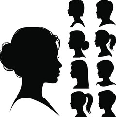 Female profile silhouette collection with various hairstyles, elegant woman heads side view, beauty concept, feminine style, fashion illustration set
