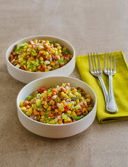 summer salad with black eyed peas, corn, and tomato salsa