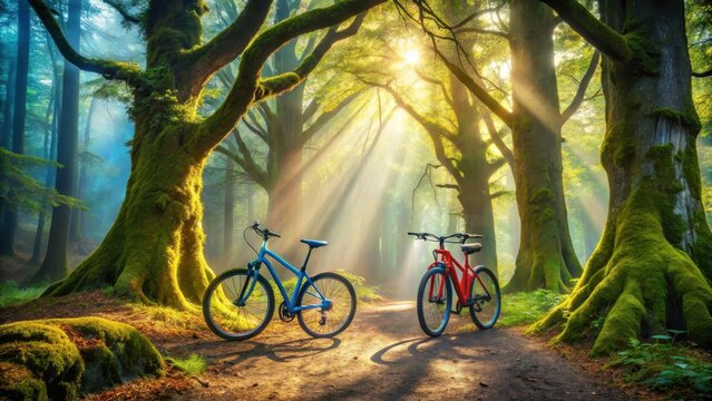 Morning sunbeams illuminate a tranquil forest path where two bicycles rest, a serene cycling scene - Powered by Adobe
