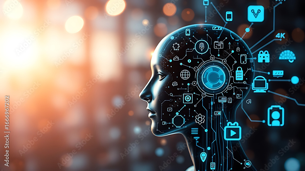 Aufkleber exploring the impact of artificial intelligence through various icons representing technology and co