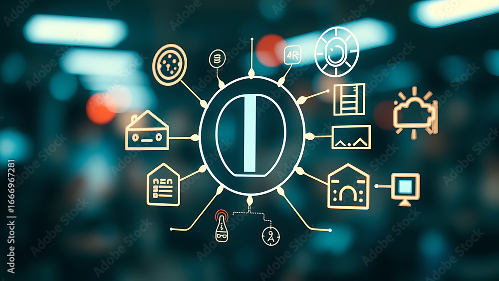 Aufkleber exploring the impact of artificial intelligence through various icons representing technology and co
