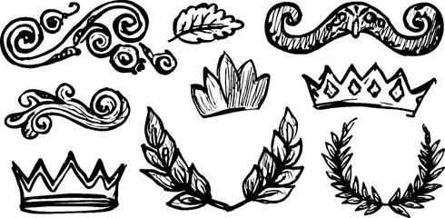 Hand drawn decorative baroque curls and crowns collection for design and decoration