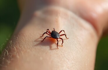 Macro view of Ixodes ricinus tick on human skin. Arachnid pest carrier of borrelia, encephalitis, posing health danger. Tick dark brown, crawling on light skin with blurred green background.