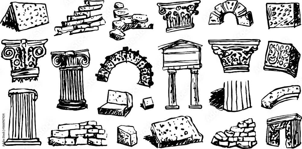 Poster set of hand drawn decorative ancient column bases and structures for architectural design