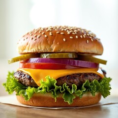 Juicy cheeseburger with lettuce, tomato, onion, pickles stacked on sesame seed bun. Delicious beef patty, melted cheddar cheese, fresh crisp toppings. Classic American fast food favorite, perfect for