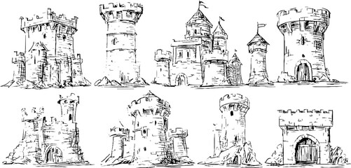 Obraz premium Hand drawn collection of decorative castle towers for historical design and art projects