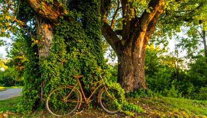 Antique bicycle parked by ivy covered tree in serene outdoor setting