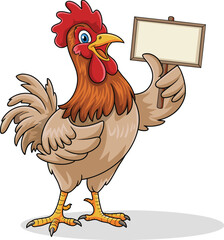 Funny cartoon rooster holding signboard, vector farm animal illustration, mascot chicken character isolated, blank sign for text space