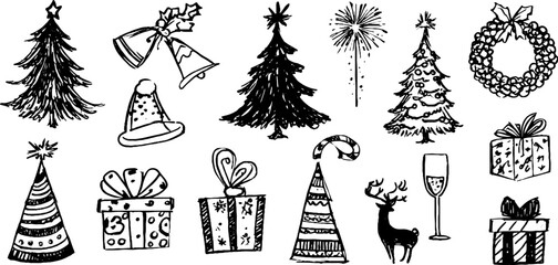 Fototapeta premium Festive collection of hand drawn christmas trees and holiday decorations for seasonal design