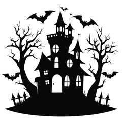 Silhouette of Spooky Halloween Haunted House, Bats, Dead Trees, and Graveyard Fence Design