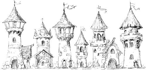 Hand drawn decorative conical turret roofs collection for architectural design