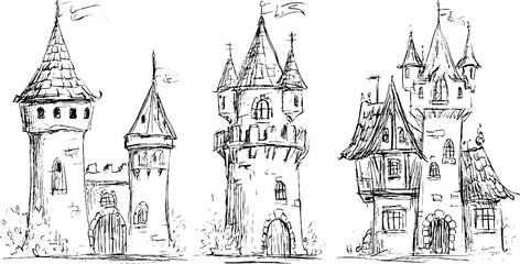 Hand drawn decorative conical turret roofs collection for architectural design