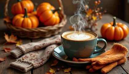 Fototapeta premium Steaming mug pumpkin spice latte with knit gloves nearby on wooden table, autumn cozy atmosphere, photo realistic sharp detail, high resolution, clean warm composition.