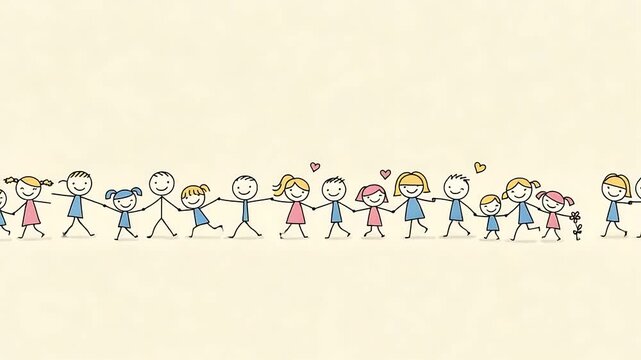 Happy children holding hands in a continuous line forming a decorative border animation