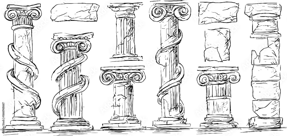 Poster Hand drawn decorative doric and ionic columns set for architectural design