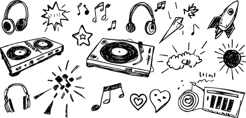 Hand drawn dj turntables and music elements set for creative design projects